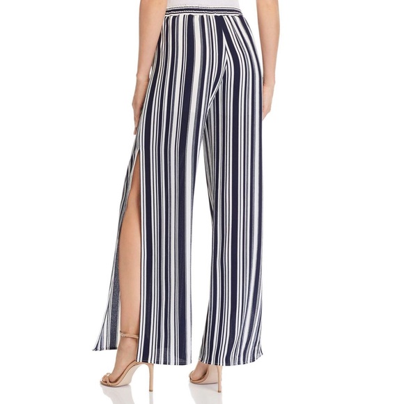 Aqua - Navy + White Striped Split Wide Leg Pants - 3