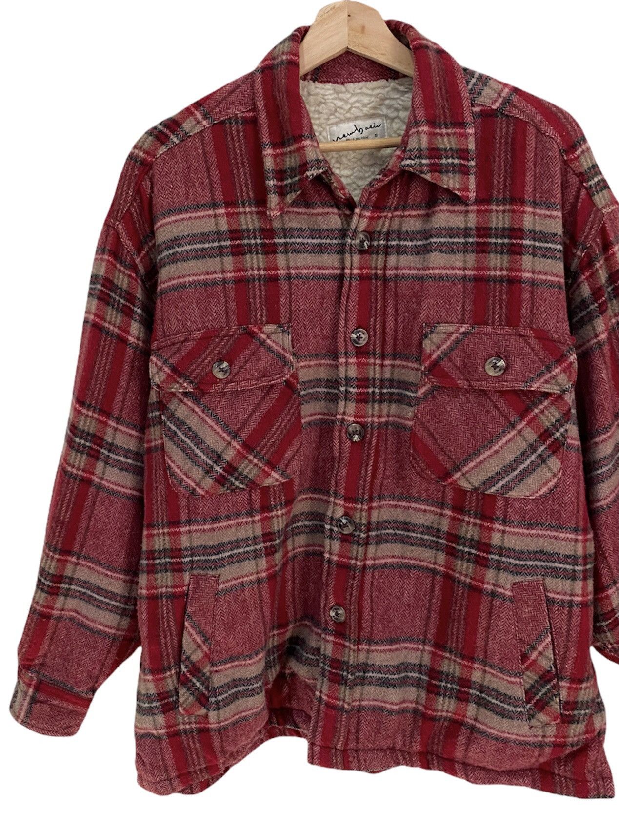 VINTAGE FLANNEL TARTAN PLAID BUTTON ON SHERPA JACKET - 4