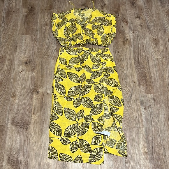 Zara Yellow Linen Blend Leaf Print Skirt & Crop Top Co-ord Set - 7