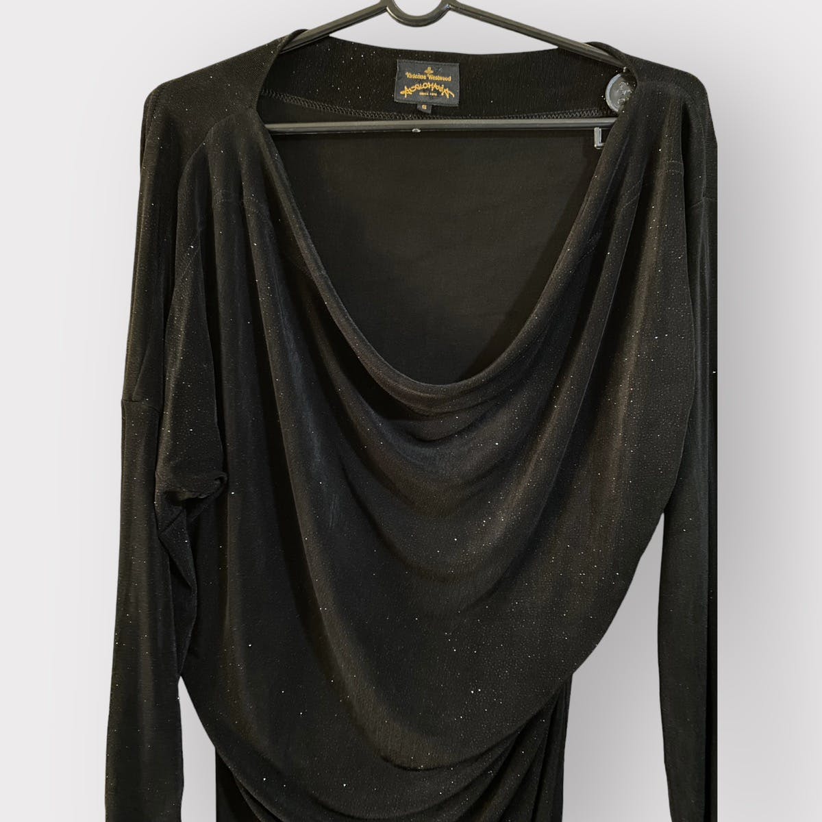 Black Glitter Cowl Collar Asymmetric Drape Dress - 2