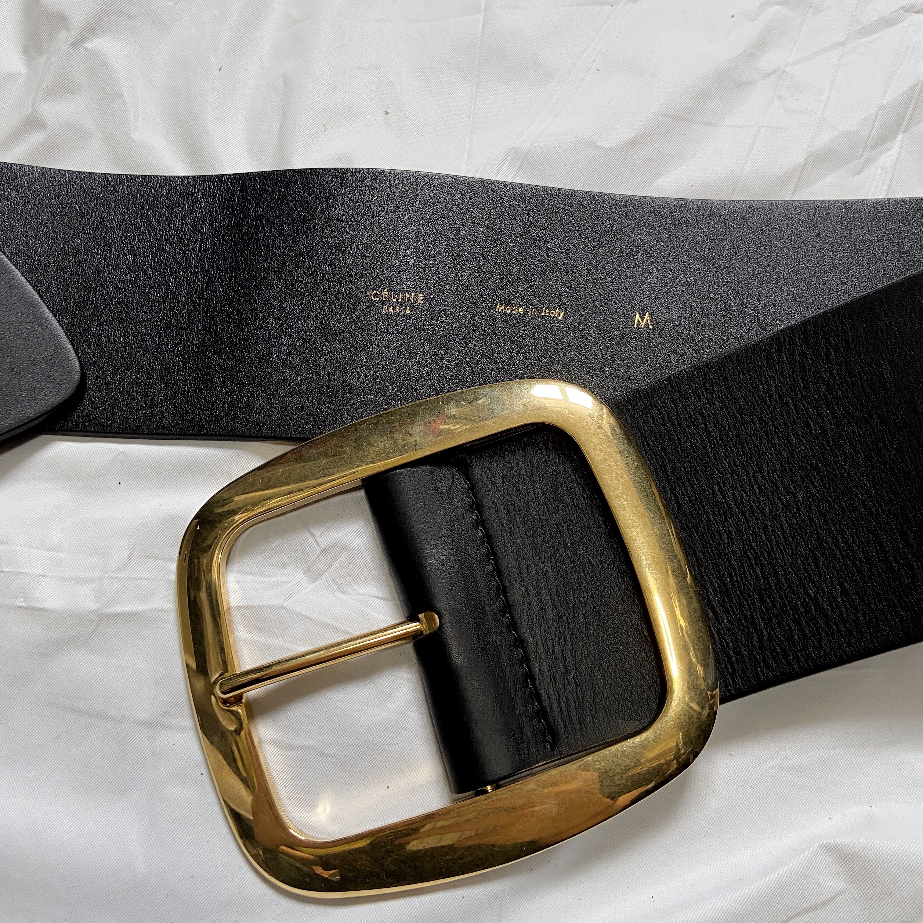 CELINE by PHOEBE PHILO iconic oversized gold buckle black leather belt 