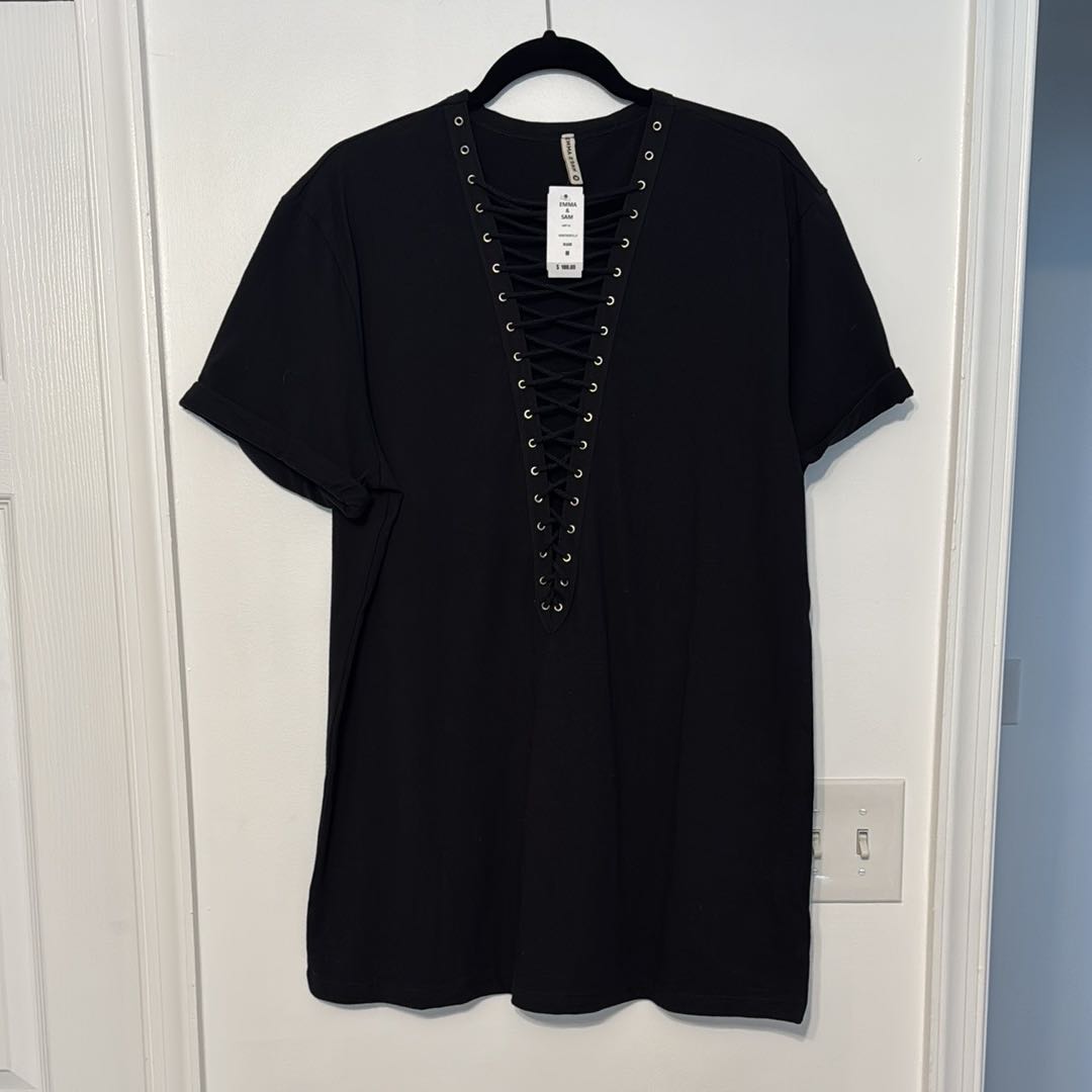LF Emma & Sam Black Lace-up Ladder Front Grommet Oversized T-shirt - 2