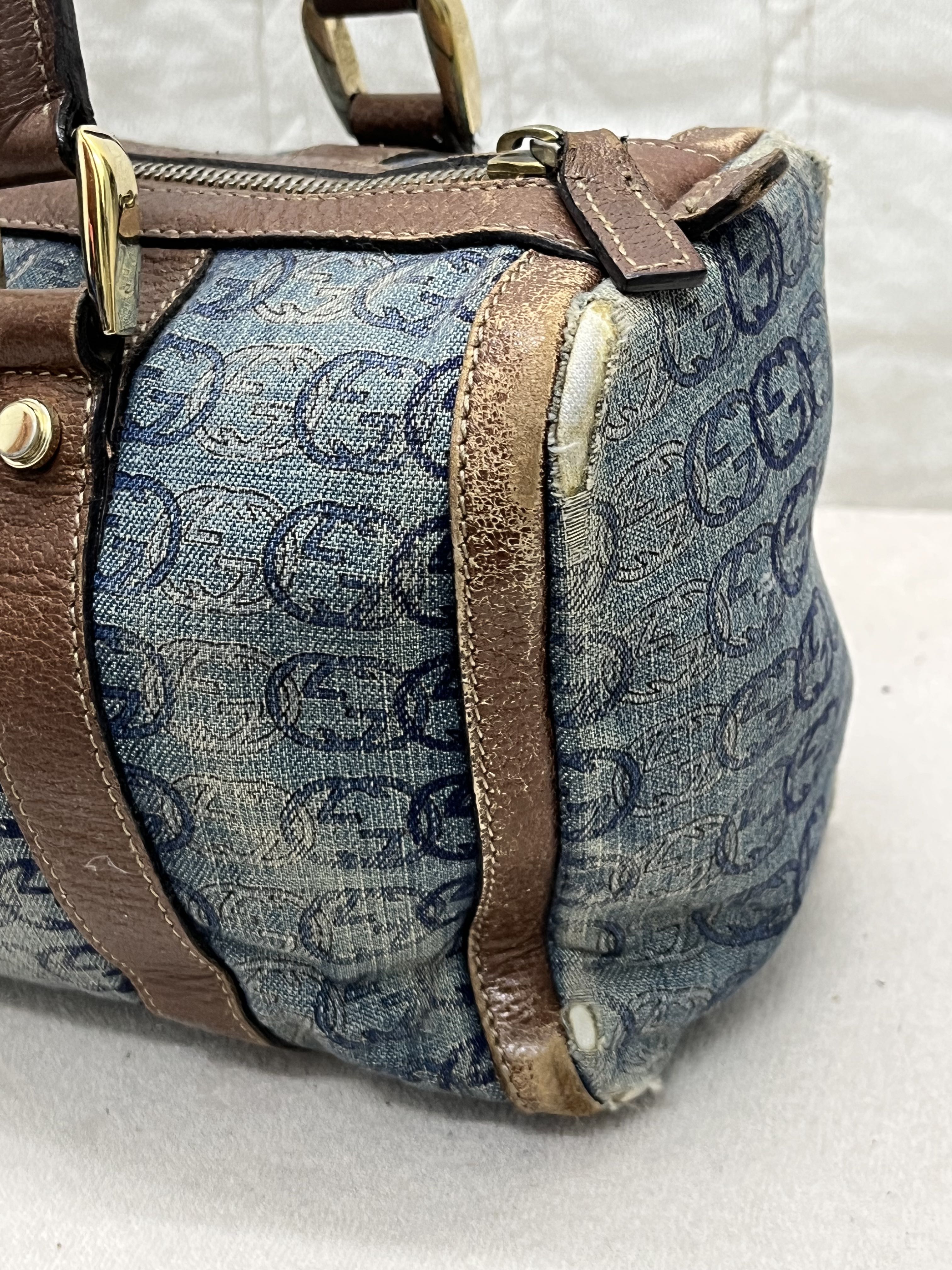 VTG GUCCI ABBEY DENIM LEATHER HANDBAG BOSTON - 5