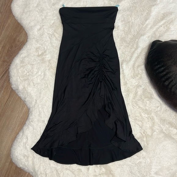 Vintage Marciano Strapless Black Body Dress with Ruffle Slit & Butt Ruching - 1