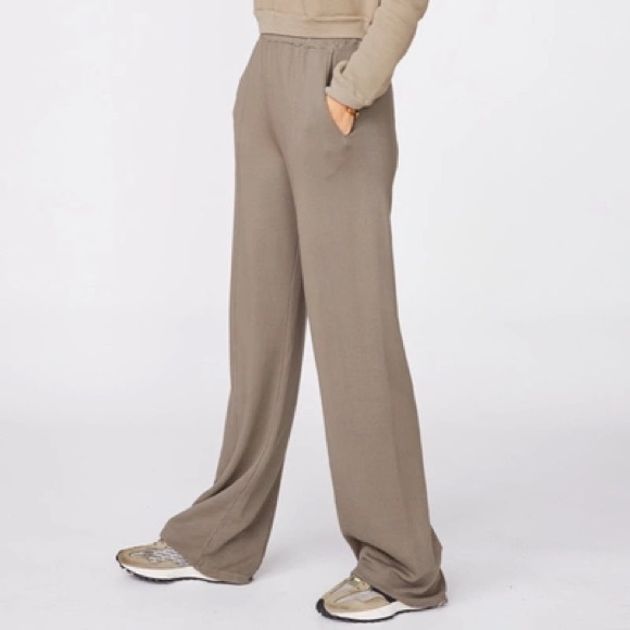 Monrow Supersoft Fleece Wide Leg Track Pants Sweats in Dusty Olive - 1