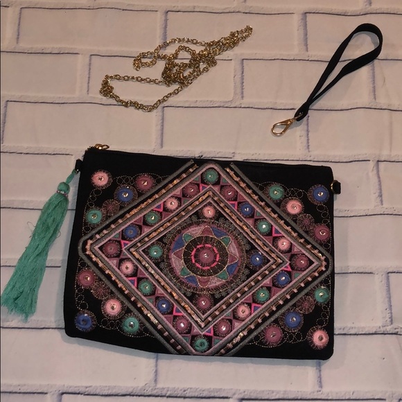 Boho Embroidered Crossbody Wristlet Clutch Bag - 4