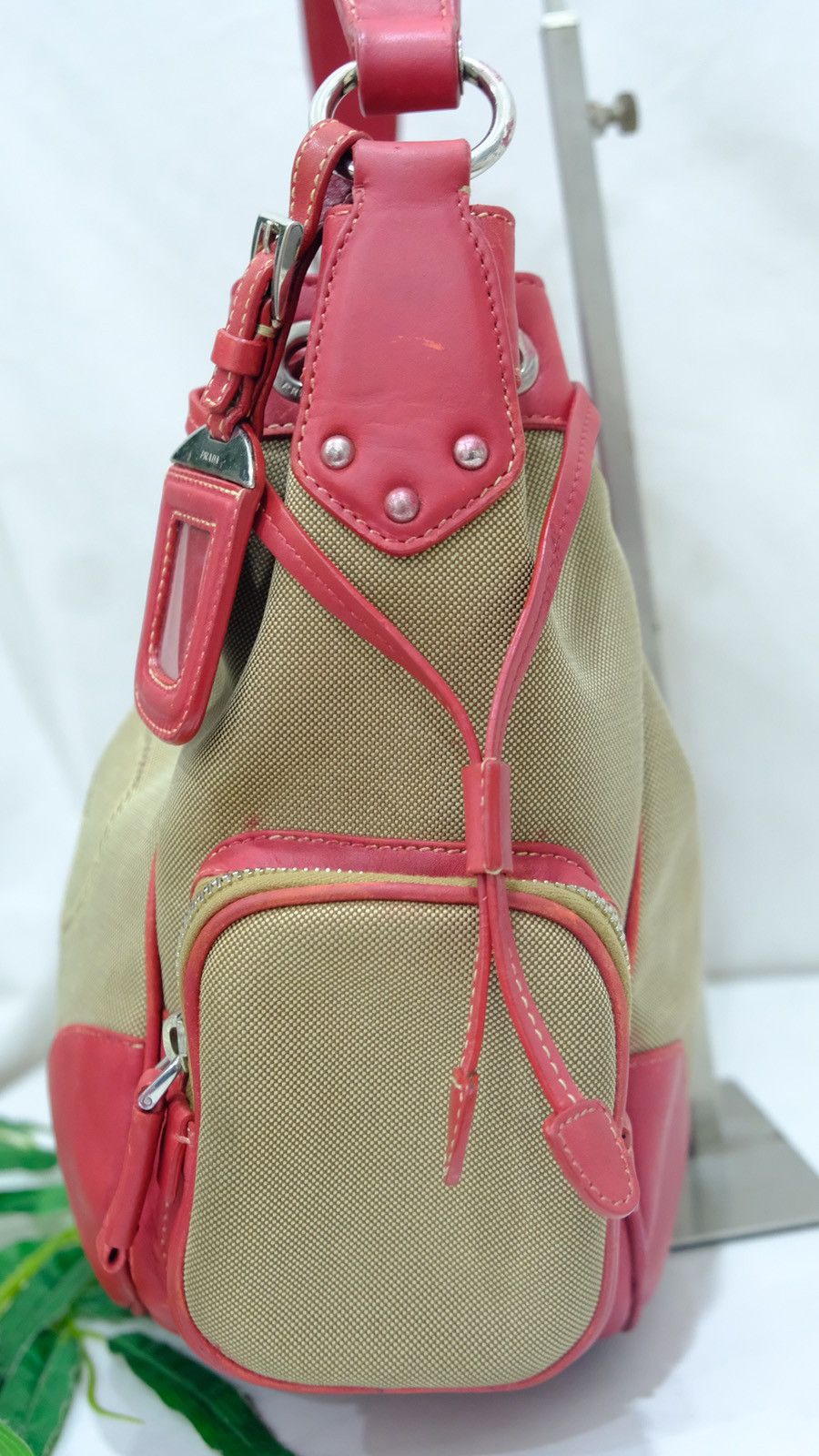 Authentic Prada Jacquard canvas red leather handbag - 5