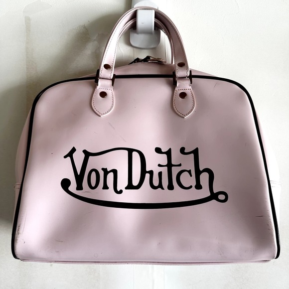 Vintage Von Dutch Leather Bowling Bag Y2k Hand Carry Zip Closure Light Pink - 10