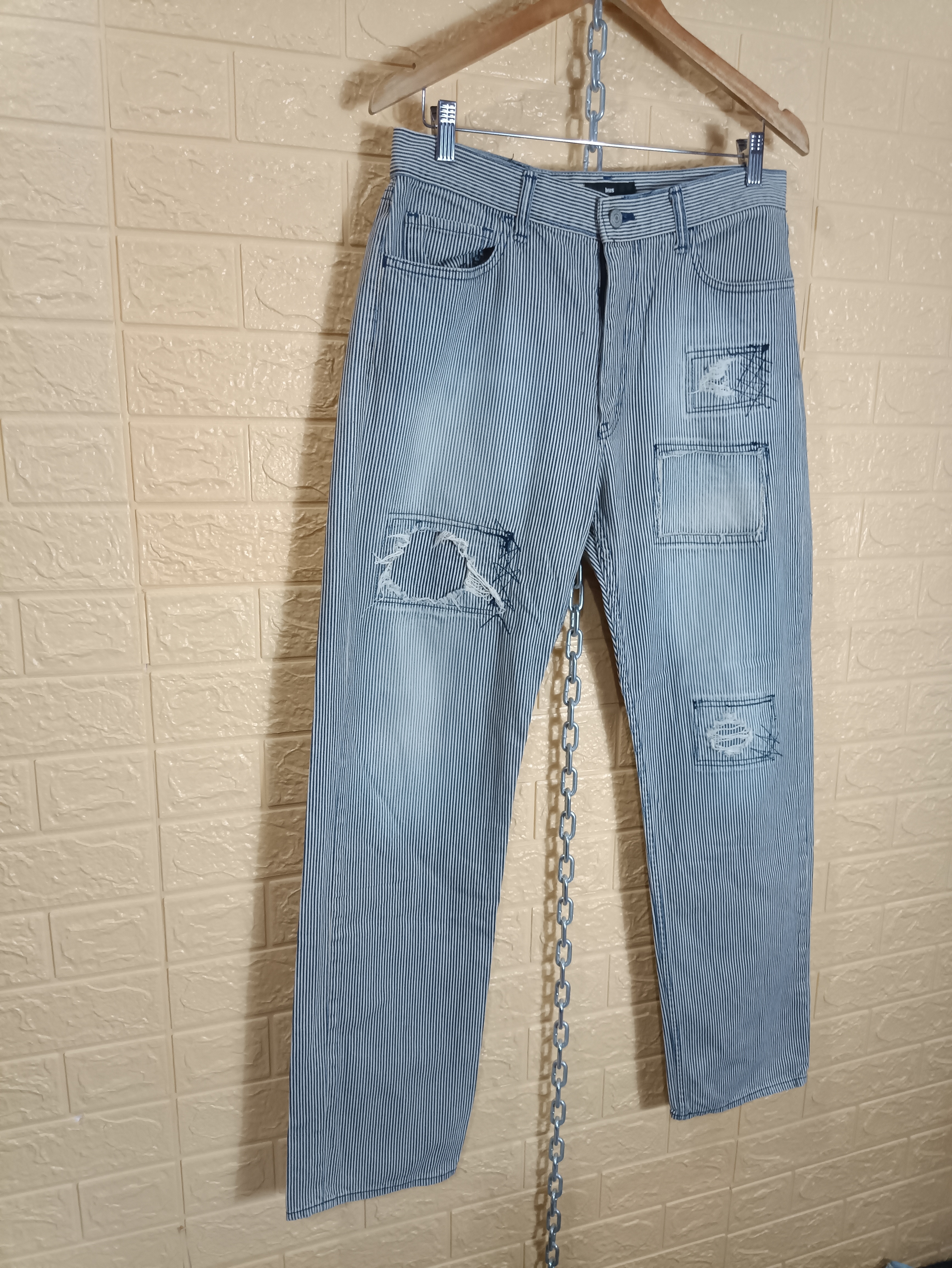 Beams Hickory Stripes Fashion Distressed Denim Pants - 2