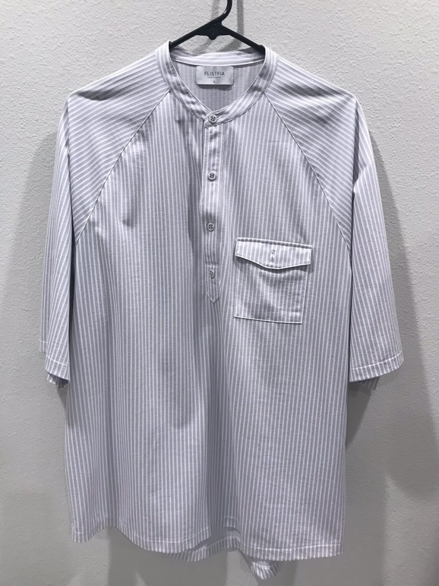 Flistfia - blue white striped band collar shirt - 1