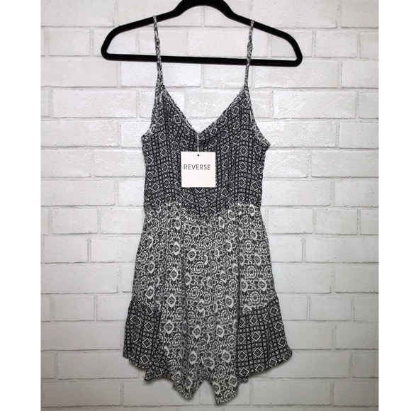 Reverse - Black + White Boho Print Embroidered Romper - 7