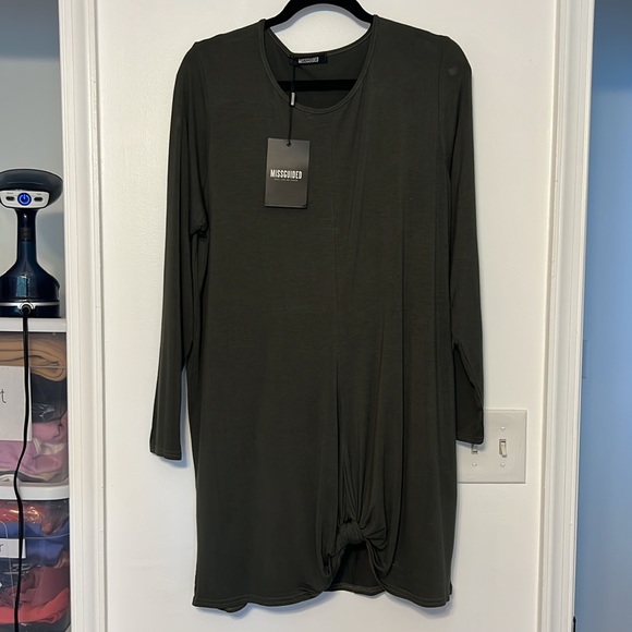 Missguided Olive Green Knot Front Long Sleeve Dress - 5