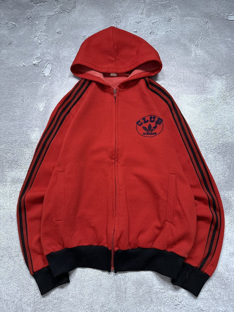 Vintage 80s Adidas Club Striped Zip Hoodie Sweatshirt - 1