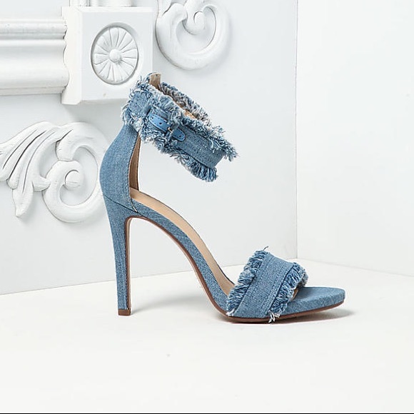 Light Denim Frayed Ankle Strap Heels - 2