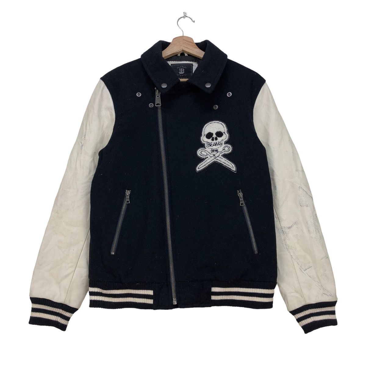 👉Rare!Vtg Beams Varsity Asymmetrical Embroidered Skull Logo - 2