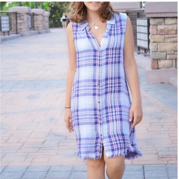 Vintage Havana Pink & Blue Sleeveless Raw Hem Soft Plaid Sleeveless Dress Tunic - 2