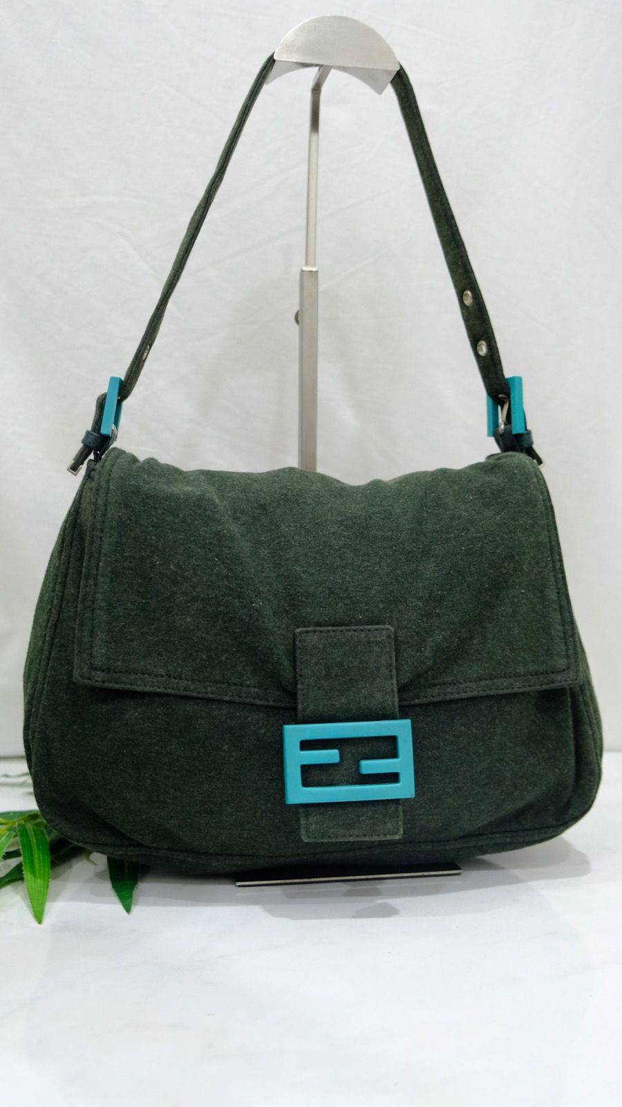 Authentic vintage FENDI Mamma Baguette green cotton handbag - 2