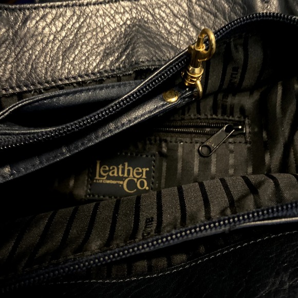 Liz Claiborne Leather Co Shoulder Bag Gold Plated Detail Zip Pockets Navy Blue - 5