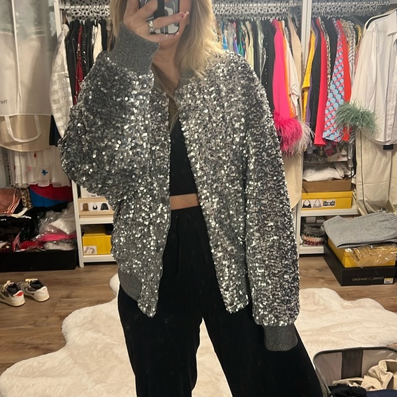 Zara Silver Sequin Bomber Jacket - 10