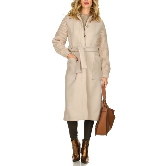 ba&sh Calas Cable Knit Sleeve Long Wool Coat in Creme - 2