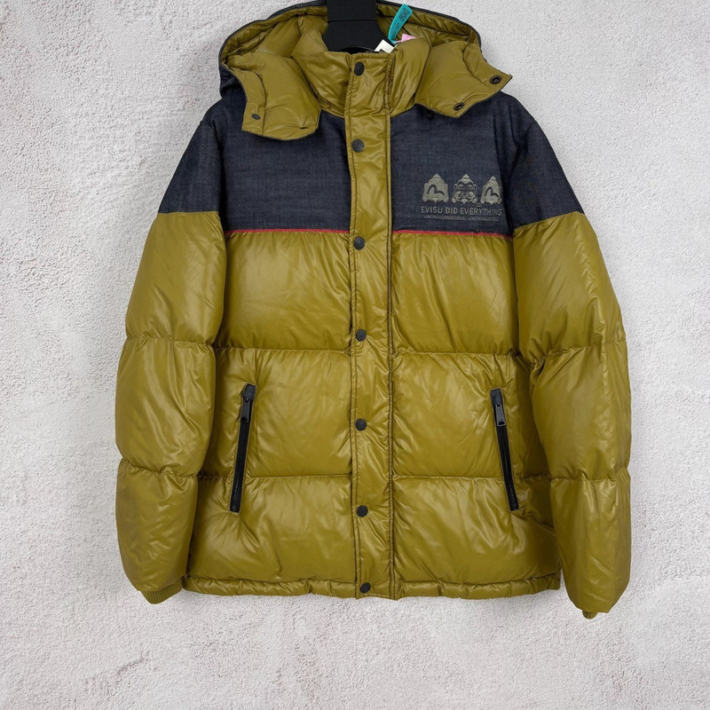 Evisu/Fushen M Print Patchwork Hooded Down Jacket, Ginger Yellow - 1