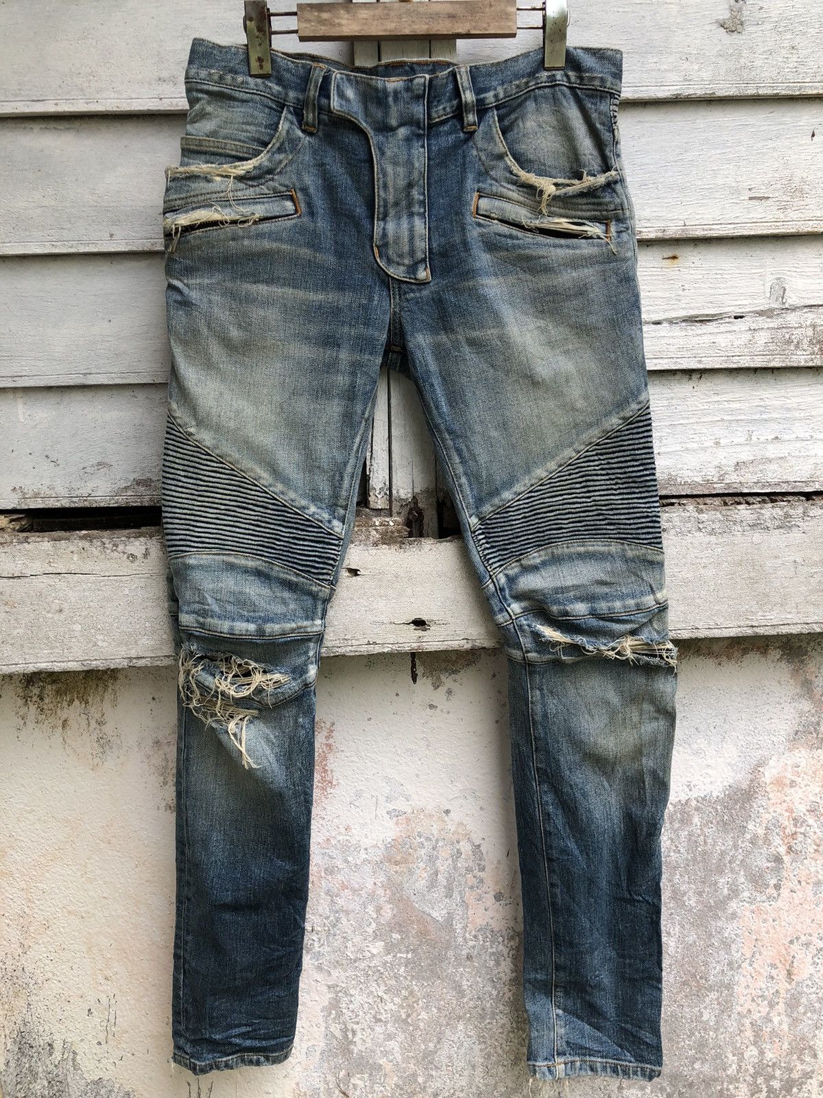 Balmain Trashed Distressed Ripped Biker Jean - 1