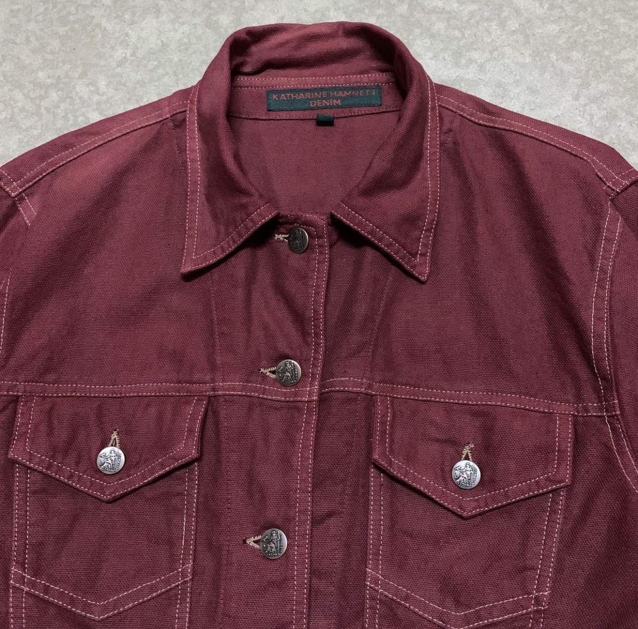 Katharine Hamnett London - 1990s Katharine Hamnett Red Wine Cropped Trucker Jacket - 2