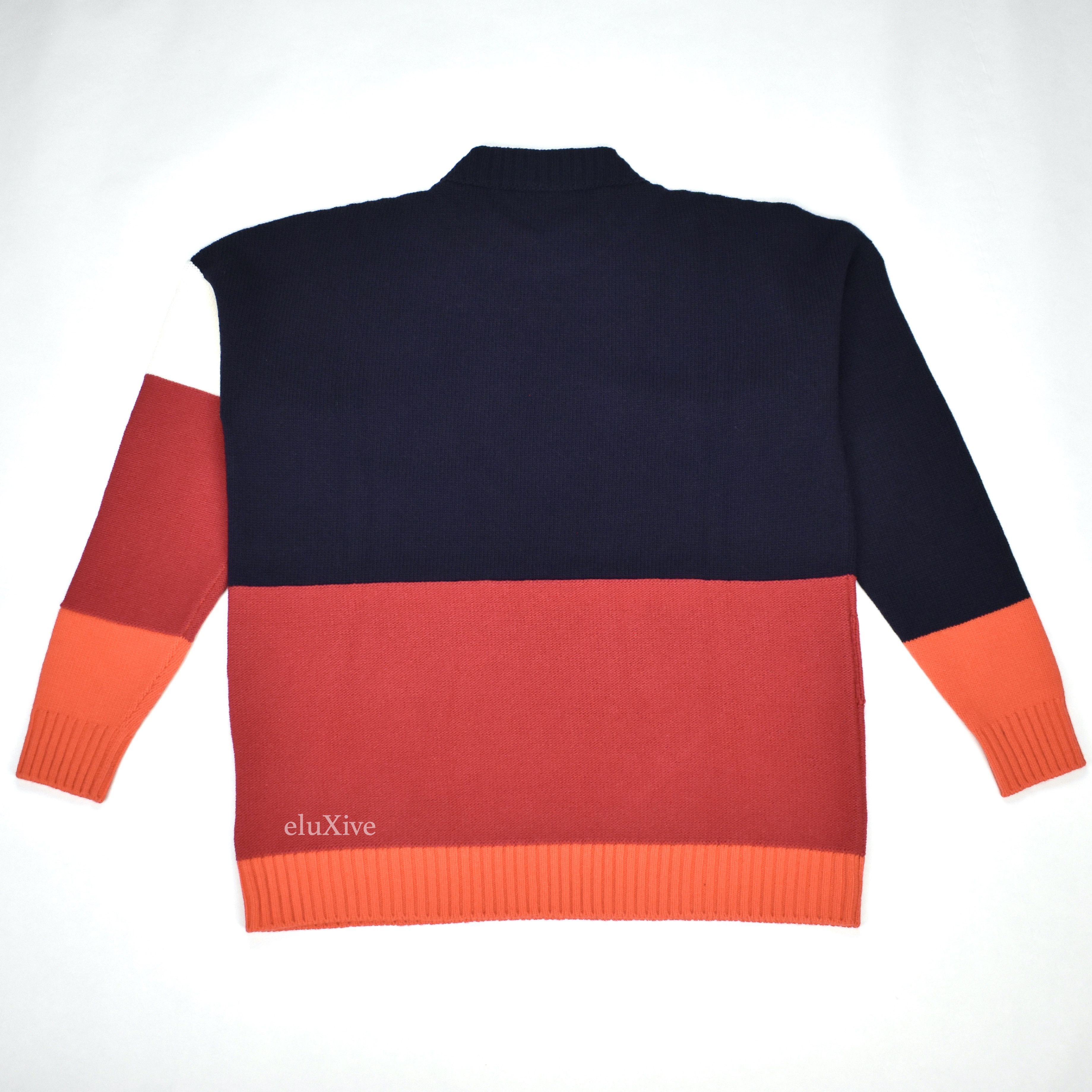 Off-White Color Block Logo Knit Sweater Navy Pink NWT - 2