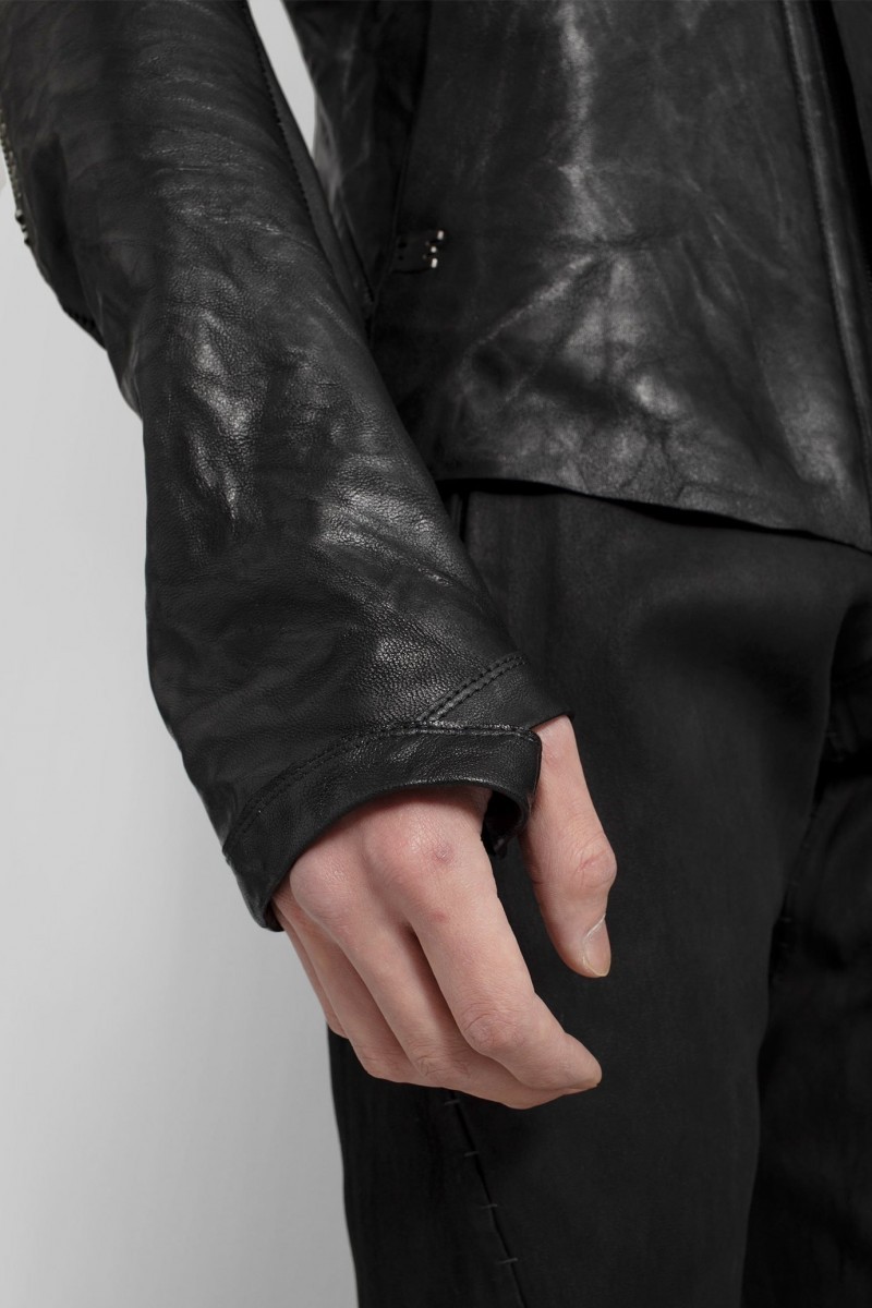 Black high-neck unlined asymmetric leather jacket - 3
