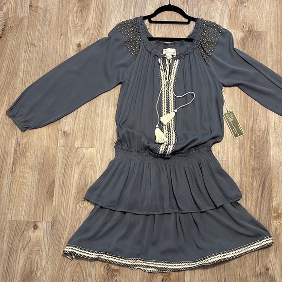 Vintage Havana Grommet Stud Tassel Long Sleeve Boho Dress - 4