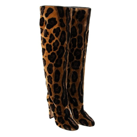 Leopard Velvet Leather Boots Heels VALLY Brown 38 US 8 13400 - 1