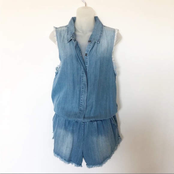 Vintage Havana Distressed Chambray Sleeveless Boho Western Romper - 1