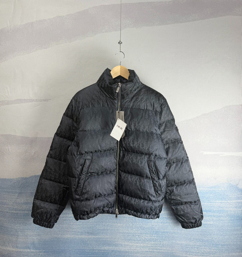 Dior Black-Blue Down Jacket with All-Over Logo Print and Zip Closure - 1