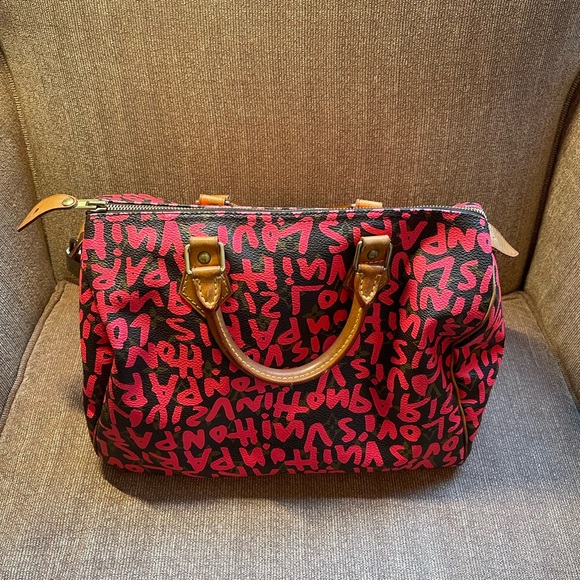 Louis Vuitton Monogram Graffiti Speedy 30 Satchel Bag Fuchsia Pink Vintage Rare - 6