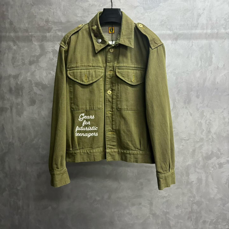 Human Made Olive Denim Jacket with Heart and Letter Print - 1