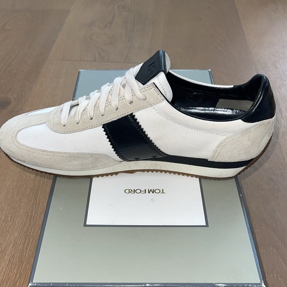 EUC - TOM FORD White & Black Two Toned Suede & Canvas Orford Sneakers Sz 11.5 - 4
