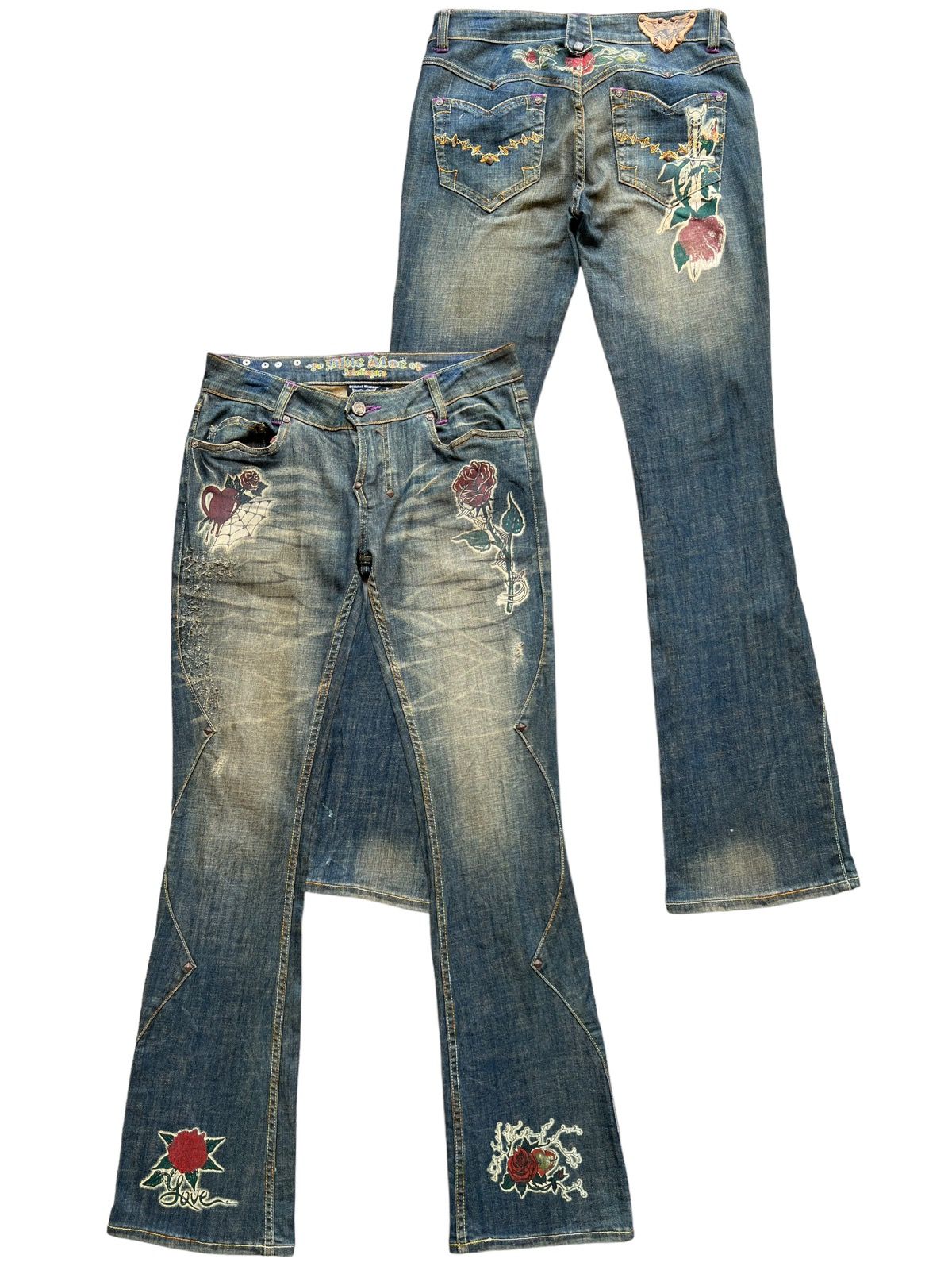 Archival Clothing - Vintage Gotchic Bones Mudwash Punk Flare Denim Jeans 28x33 - 1