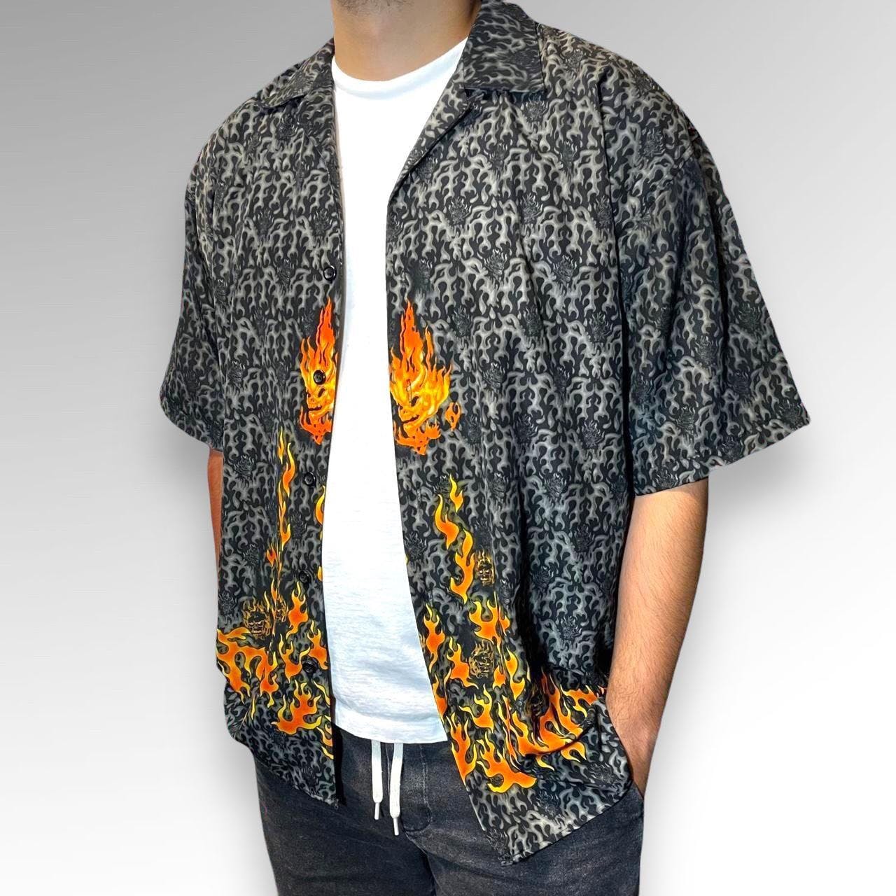 Vintage - Flame Skull Microfiber Short Sleeve Button Up 🔥 - 1