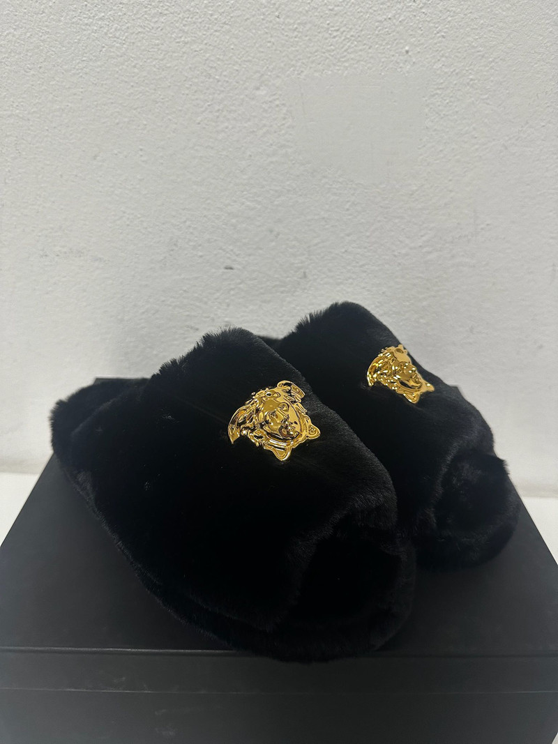 Versace Medusa Black Faux Fur Slippers - 1