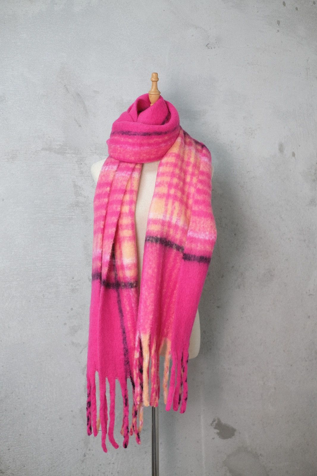 Japanese Brand - Deadstock Cozy Pink and Orange Mohair Checked Scarf Unisex - 1