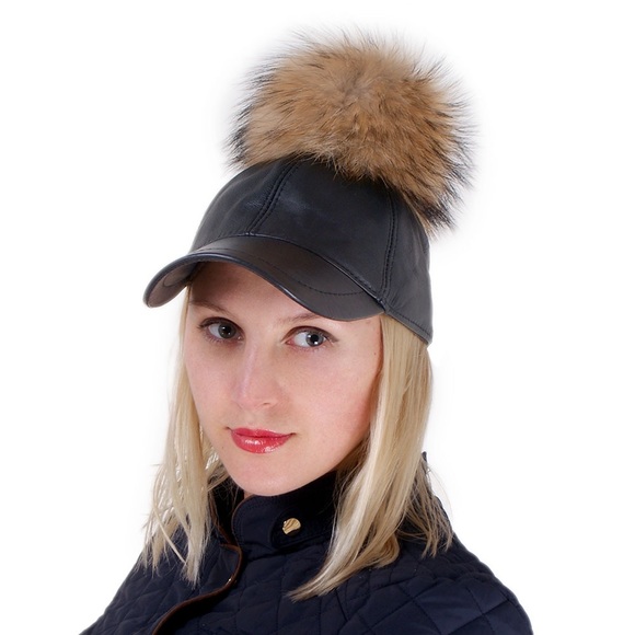 Faux Fur Pom Pom Faux Leather Baseball Hat - 2