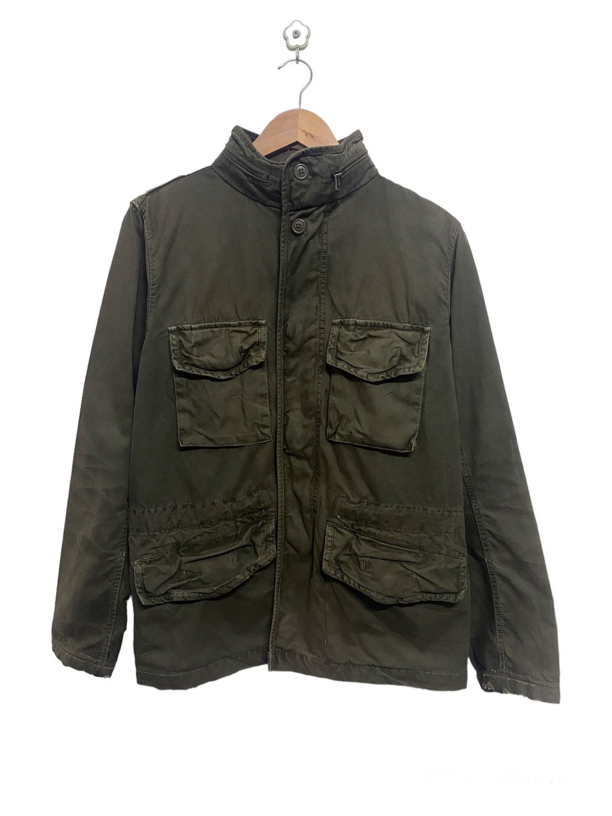 Vintage - GAP Men's Green Military Jacket With Hidden Hood - 1