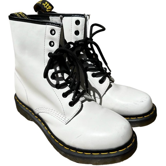Dr.Martens 1460 Boots Combat 8 Eye Patent Leather Lace Up Block Heel White 10 - 2
