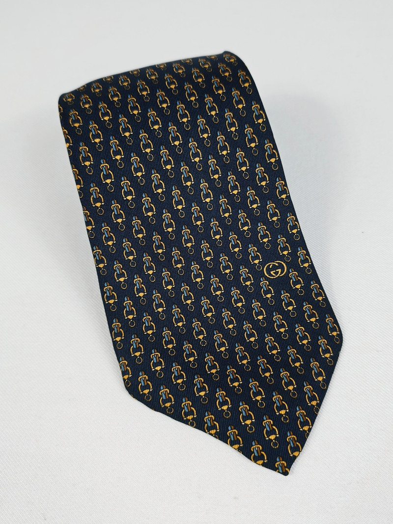 Rare Vintage Gucci Navy Blue Stirrup & Horsebit Motif Silk Tie - 1