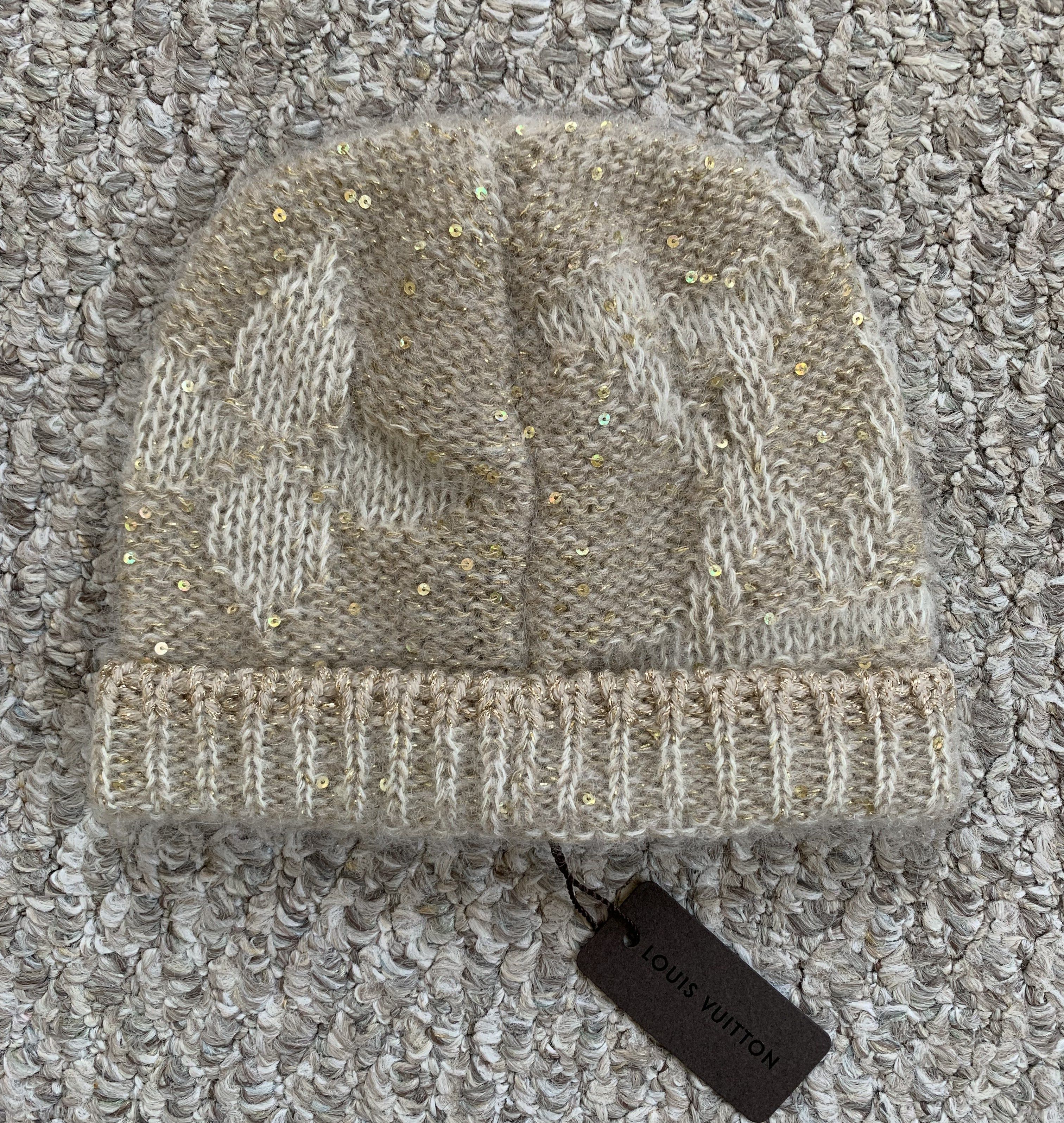 NEW Louis Vuitton Beige Monogram Mohair Glitter Beanie - 1