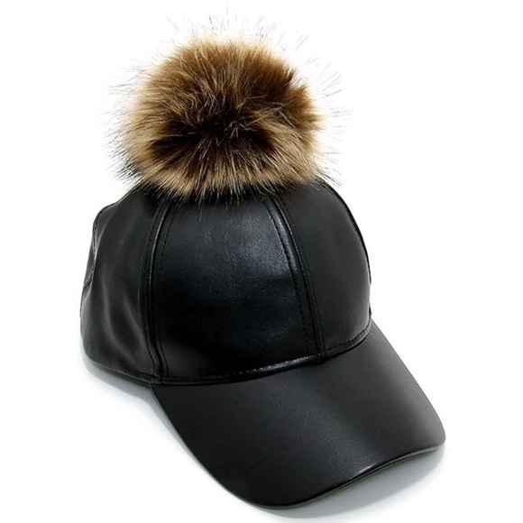 Faux Fur Pom Pom Faux Leather Baseball Hat - 1