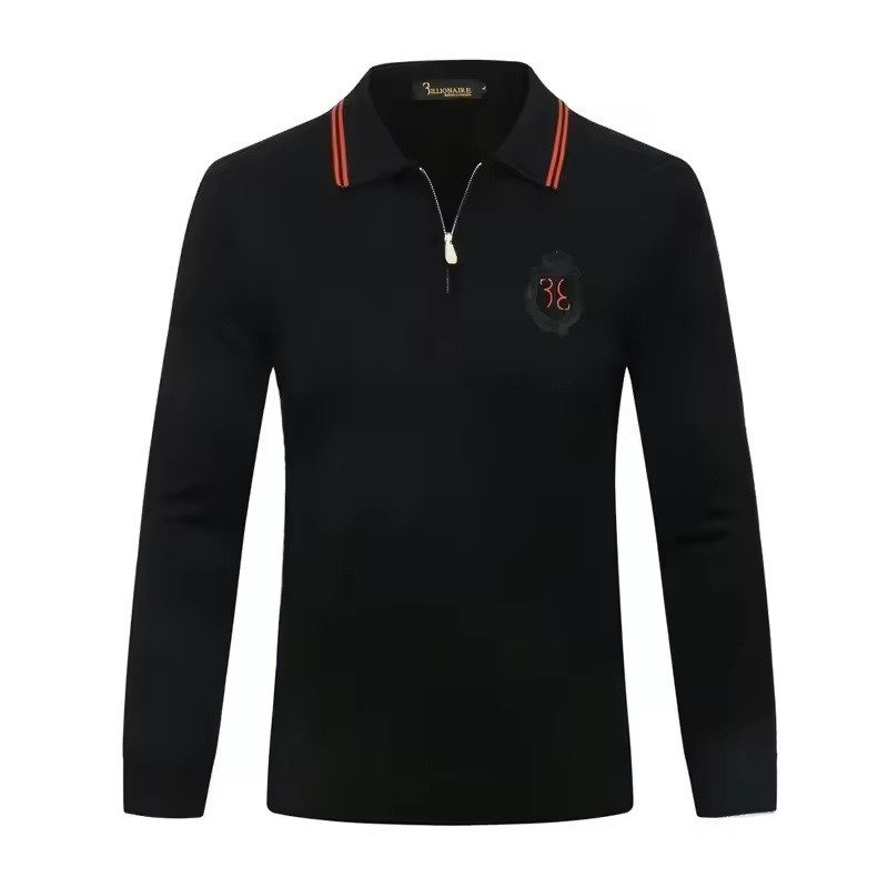 Men's Black Fine-Knit Polo Sweater - 1