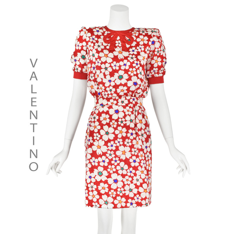 Vintage Red & White Floral Silk Dress w Puffed Sleeves - 1