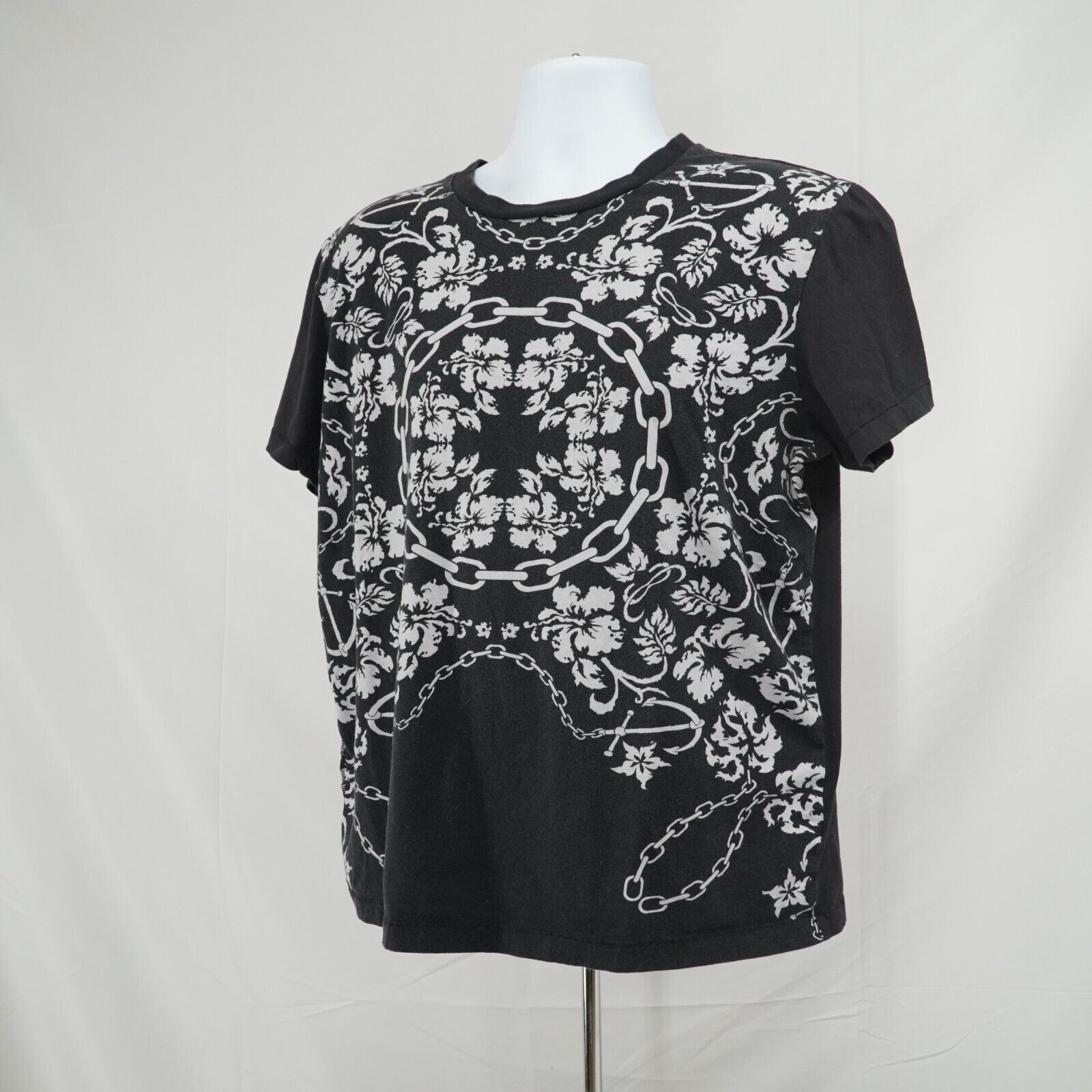 Black White Printed Shirt Floral Chains Anchor Hawaiian Tee - 2