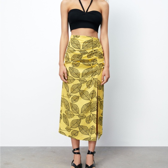 Zara Yellow Linen Blend Leaf Print Skirt & Crop Top Co-ord Set - 4